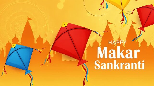 hindu makar sankranti festival banner with kite and temple