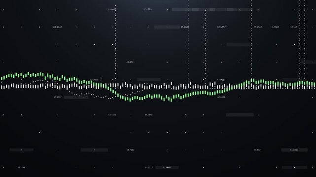 Dynamic digital chart animation with green and white bars forming fluctuating data waves on a dark background. Ideal for finance videos, trading dashboards, analytics presentations, fintech promos, an