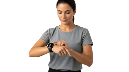 Woman checking fitness tracker watch during workout isolated on transparent background