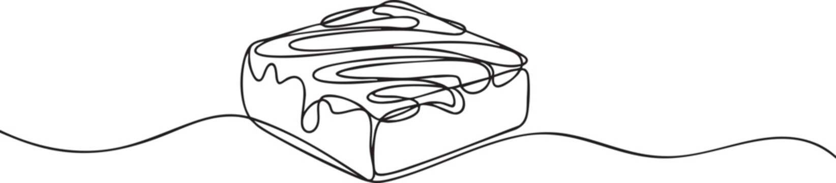 single line illustration of a brownie with chocolate drizzle pattern, smooth continuous lines in a clean modern vector style