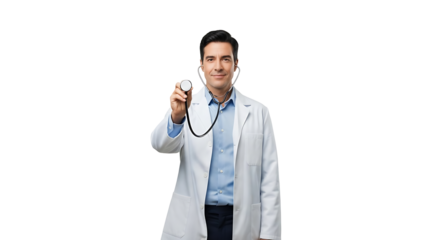 Male doctor holding stethoscope ready for examination isolated on transparent background