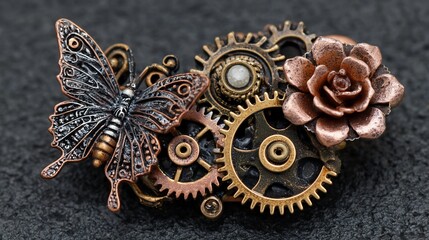 Fototapeta premium Steampunk-style brooch with metal butterfly, gears, and a flower on a textured dark surface