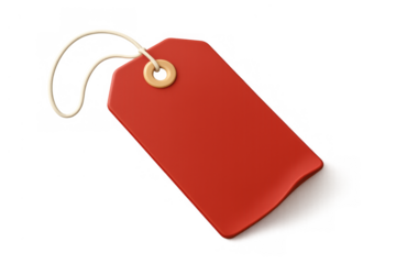 Red blank price tag with string, 3d icon for retail sale, shopping, discount, and product marketing on transparent background