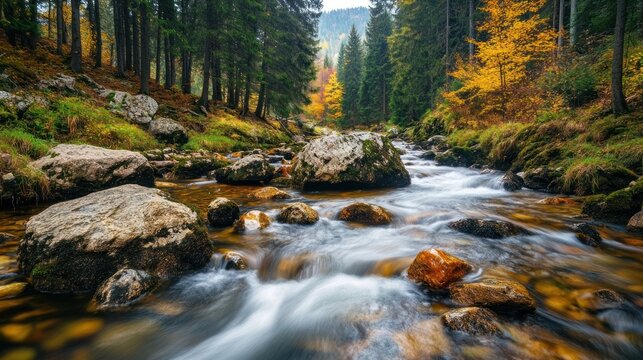A beautiful mountain stream with clear water flowing over rocks autumn landscape nature. - Powered by Adobe
