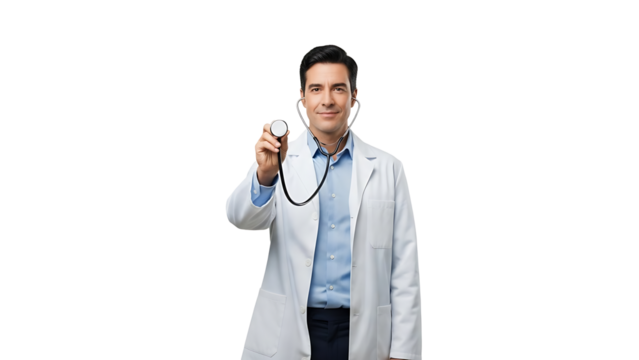 Male doctor holding stethoscope ready for examination isolated on transparent background - Powered by Adobe