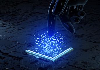 Artificial Generative module. Ectronic circuit board with processor. Modern technology background image 