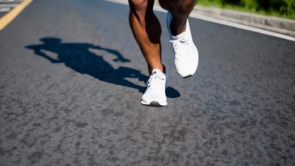 Person running on empty road during daylight. Athletic feet in motion showcase energetic lifestyle. Outdoor exercise promotes fitness and well-being. Running captures freedom and determination.