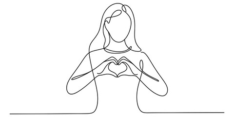 Continuous line art drawing of a female figure forming a heart shape with her hands, symbolizing love, care, and well-being gesture Vector, illustration