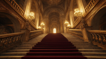 Obraz premium Opulent Golden Stairway Leading to a Bright Archway in a Majestic Hall