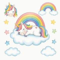 Cute cartoon vector illustration of a little child flying in the blue sky with clouds and a colorful rainbow design for a fun summer card