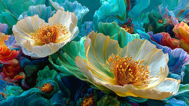 Fleurs tropicales bleus et jaunes