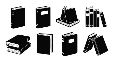 A collection of black and white book icons in various orientations