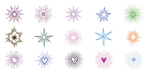 Starbursts' collection of colorful designs with different shapes, and designs also with hearts on transparent backgrounds for any graphic works.