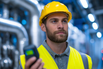Focused engineer in a yellow hard hat and high-visibility vest operating a handheld device amidst industrial piping