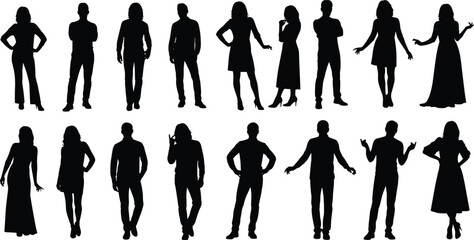 Human pose silhouette illustration set, diverse body language and gesture variations, character design concept vector, black and white graphic
