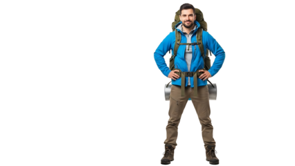 Hiker with backpack standing confidently isolated on transparent background