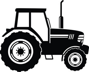 Black and White Vector Icon of Tractor in Profile View Representing Agriculture and Farming Machinery

