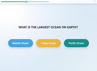 A diagnostic assessment tool displayed on a tablet screen showcasing an interactive quiz about the world's oceans, focusing on the largest ocean, from a user's viewpoint