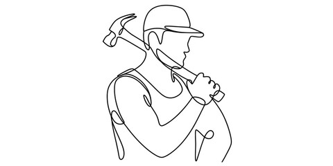 Continuous line art illustration of a male construction worker wearing a cap and carrying a hammer over his shoulder, representing craftsmanship and building trades. Vector, illustration