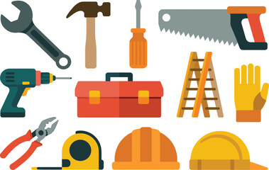 Flat design construction tools set featuring drill, toolbox, wrench, hammer, saw, ladder, gloves, hard hats and essential handyman equipment