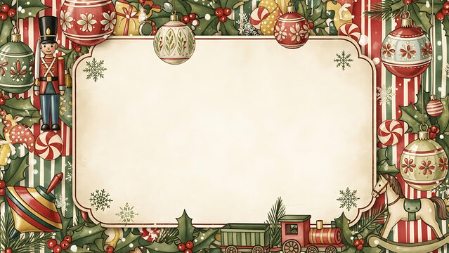 Vintage Christmas background with ornate blank frame, surrounded by traditional holiday decorations like ornaments, holly, candy canes, nutcracker, and classic toys.