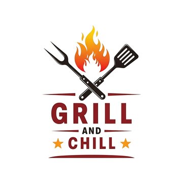Grill and chill logo with crossed spatula and fork over flame illustration