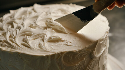 cake frosting with buttercream texture, creamy icing decoration close-up, smooth buttercream cake icing
