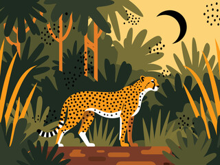 Stylized nighttime jungle illustration featuring a majestic cheetah under a crescent moon, depicting African wildlife in a vibrant, flat vector art style suitable for various design projects © PDWN Creative