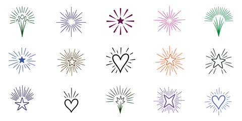 Set of various fireworks with stars and hearts for graphic design on a transparent background vector illustration, and an icon set. 