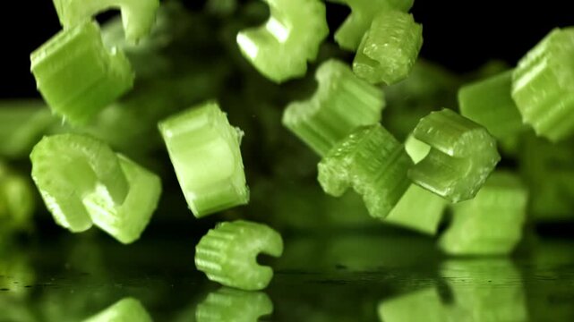 Sliced pieces of fresh celery fall on the table. Filmed on a high-speed camera at 1000 fps. High quality FullHD footage