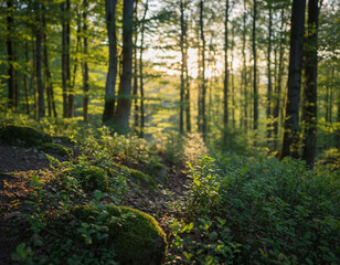 Fototapeta premium A serene forest landscape at sunrise with thick morning fog drifting between the trees. Soft golden sunlight shines through the mist, creating dramatic rays and a peaceful, atmospheric nature scene. P