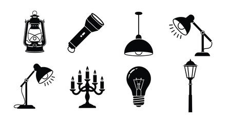 A collection of various light sources in a black and white style