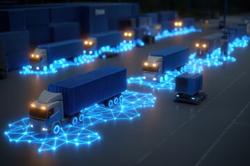 Autonomous Trucks in Industrial Yard at Night with Blue Network Lines and Cargo Containers