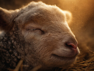 Fototapeta premium Tender moment: Close portrait of a young lamb sleeping soundly in golden light