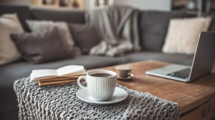 A cozy living room coffee table with a cup of coffee and a laptop, perfect for a relaxing afternoon.