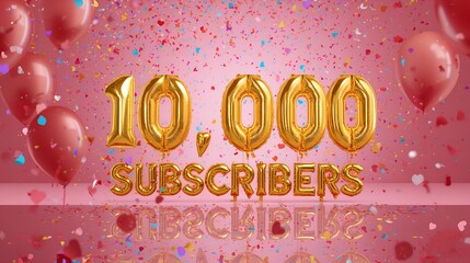 a milestone achievement of 10,000 subscribers, celebrating with balloons and confetti, a symbol of growth and popularity