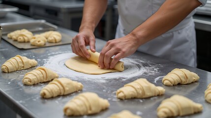 A skilled baker meticulously crafting fresh croissants in a professional kitchen setting