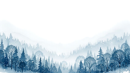 Misty blue forest landscape with snow falling gently on evergreen and deciduous trees.