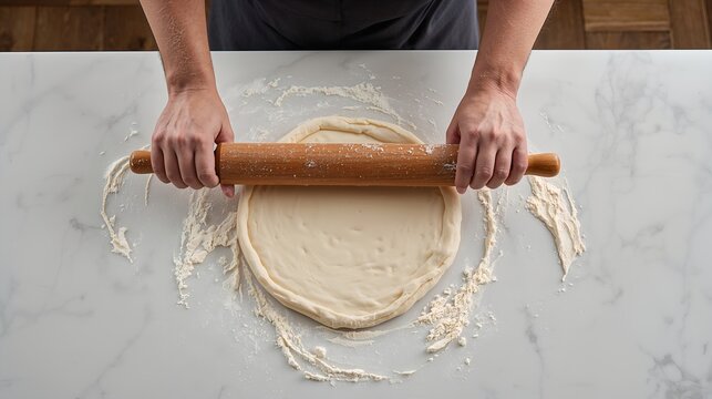 Rolling out dough on a marble surface, a culinary moment captured in preparation for baking. The hands delicately guide the rolling pin across the dough, creating a perfectly round shape