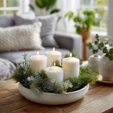 Adventsarrangement mit wei&szlig;en Stumpenkerzen und winterlicher Naturdeko am Fenster
