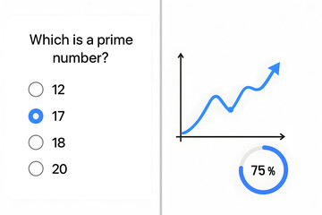 Interactive quiz question Which number is prime? Options 12, 17, 18, 20. Progress bar shows 75%