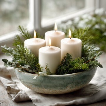 Adventsarrangement mit wei&szlig;en Stumpenkerzen und winterlicher Naturdeko am Fenster