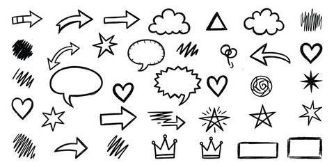 Fototapeta premium Doodle element set with arrows, stars, clouds, heart, speech bubbles, crown on a transparent background, simple vector design illustration. 