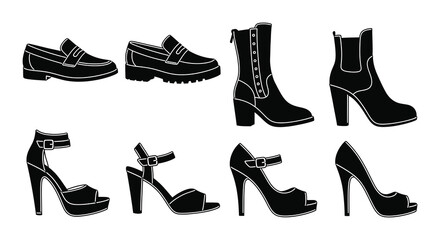 Silhouette illustrations of various women s and men s shoe styles displayed