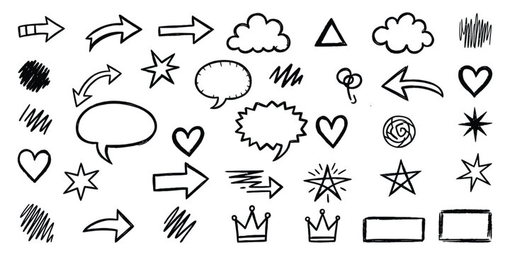 Doodle element set with arrows, stars, clouds, heart, speech bubbles, crown on a transparent background, simple vector design illustration. 