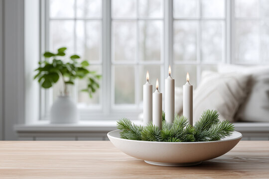 Adventsarrangement mit wei&szlig;en Stumpenkerzen und winterlicher Naturdeko am Fenster