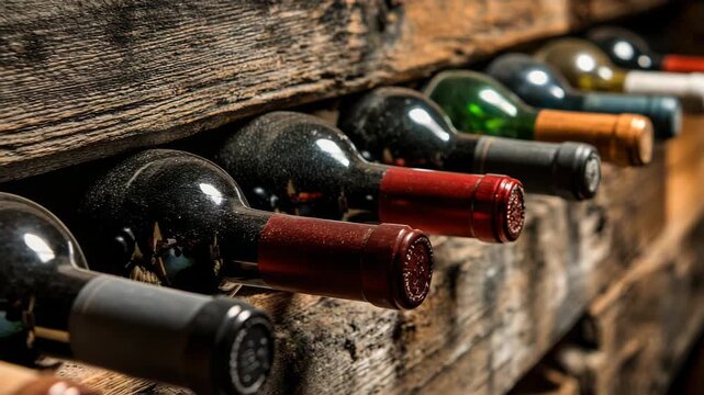 Wine Bottles Resting Horizontally in Wooden Crates in a Wine Cellar with Vintage Lighting and Varied Color Bottles Displaying a Rustic Aesthetic