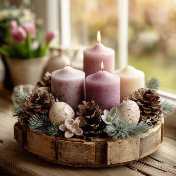 Elegantes Adventsgesteck in Ros&eacute; und Grau mit Stumpenkerzen und Eukalyptus
