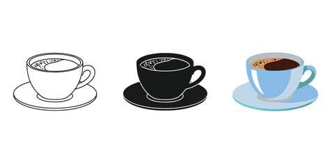 Obraz premium Three Coffee Cup icons showing outline, silhouette, and colored illustration of hot beverage on saucer