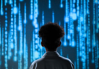 Observing AI data analysis. Observing data analysis. Database centre. Binary code 